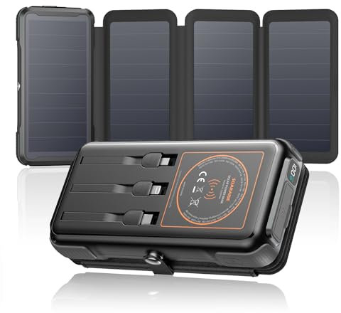 SOARAISE Cargador Solar 25000mAh 20W Batería Externa Carga Rápida con 3 Cables y 4 Paneles Solares, PD QC 3.0 USB C Power Bank Inalámbrica con Linterna LED para Smartphones, Camping