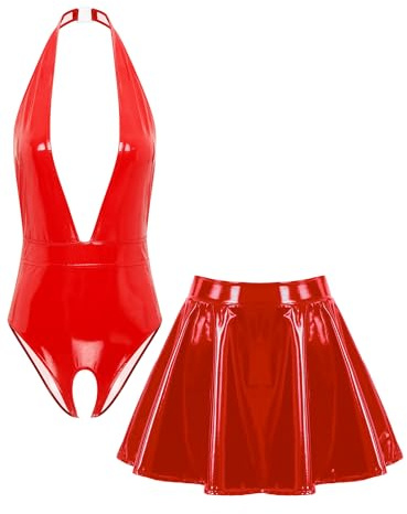 TiaoBug dam wetlook body ouvert stringbody nackhållare rygglös topp djup V-ringad topp och lack läder kjol mini veckad kjol gogo klubbkläder