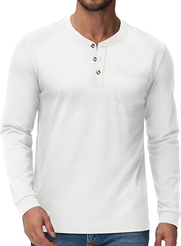 Cotrasen Mens Henley Long Sleeve Shirts Cotton Pocket Button T Shirts Casual Lightweight Plain Tops Fall Basic Tee White XL