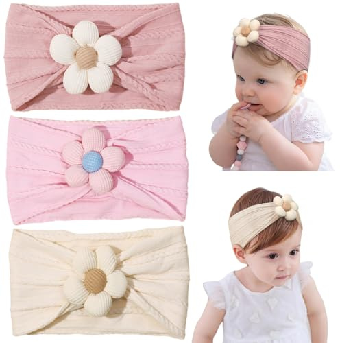 DiULi Fasce Bambina Neonata, 3 Pcs Fiore Fascia Capelli Bambina in Nylon Elasticizzato, Fascia Neonato Per Capelli, Morbido Copricapo Carino per Bambini Neonati, Adatto per 0-3 Anni