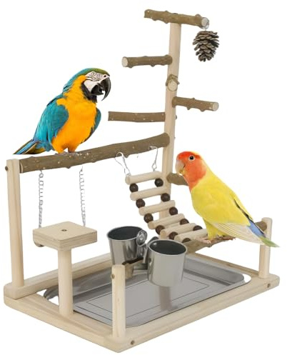 LEKEFETO Papagei Spielplatz aus Holz, Parrot Playstand, Vogelspielplatz mit Leiter, Schaukel und Feeder-Cup, Wellensittich Spielzeug für Nymphensittiche und andere Vögel – 37x37x26 cm