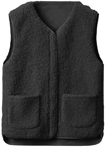 Joligiao Gilet en Molleton Polaire Femme Doux Veste sans Manche Femme Hiver Chaud Manteaux Mode Veste Décontracté Manteau Fluffy Gilet avec Poches et Fermeture éclair Couleur Unie (Noir,L)