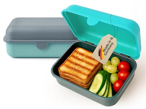 MEBY Set med 2 matlådor – matlåda för barn och vuxna – BPA-fri, diskmaskinssäker, mikrovågsugnssäker – robust snackslåda/frukostlåda med utbytbart lock. Tillverkad i Tyskland (turkos och grå)