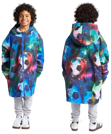 OHS Kids Oversized Waterproof Changing Robe, Lightweight Boys Girls Rain Coat Breathable Fleece Lining Drying Robe with Hood & Pockets Drying Robe for Beach Surfing Outdoor, Neon - Football, S/M