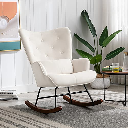 Fauteuil à Bascule en Velours Rembourré avec Support Lombaire, Chaise a Bascule Scandinave à Structure en Métal et Pieds en Bois, Fauteuil Allaitement pour Salon, Balcon, Chambre d'enfant (Beige)