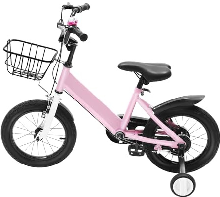 GXSFLG Vélo pour enfant de 14 pouces, avec roues stabilisatrices, panier et glands de guidon en rose, pour filles et garçons de 3 à 5 ans, guidon et siège réglables en hauteur, frein avant et arrière