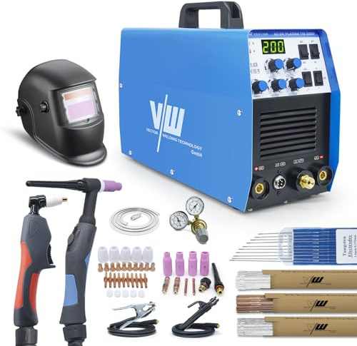 VECTOR WELDING TIG TIG200P - Soldadora de plasma CA/CC 200 A + 50 A, incluye casco y accesorios, soldadura de aluminio, función de pulso, avance/post-gas
