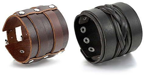 OIDEA Bracciale Bangles per Uomo Bracciale in Pelle Fibbia della Cintura Regolabile Grande Larghezza Stile Punk Rock Marrone Nero(2 Pezzi)