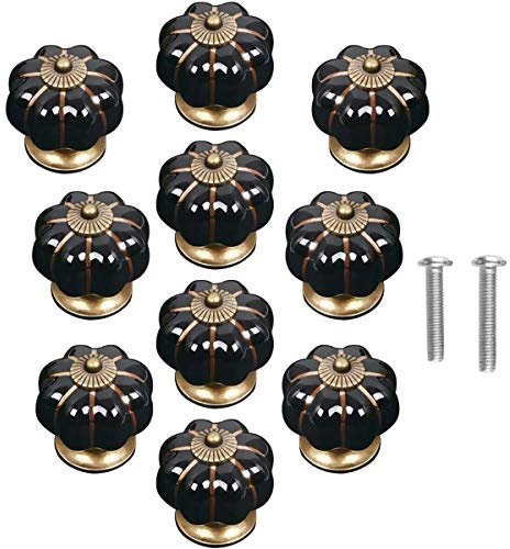POFET Lot de 10 boutons de porte en céramique vintage en forme de citrouille Noir