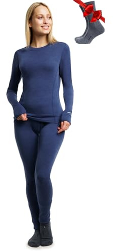 Termiska underkläder för kvinnor, merinoull - 100 % merinoull termiska underkläder, andas, merinoull underbyxor och bodysuit dam, merinoull termiska underkläder dam, 250 Windsor Blue Set, S