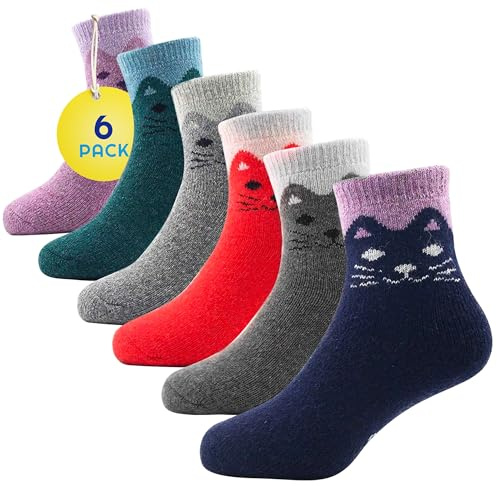 Sunny Socks Kids Thermal Cat Socks – 6 Pairs Thick Warm Winter Wear for Boys & Girls, Cute Animal Designs, Welly Essentials, Walking & Ski Accessories