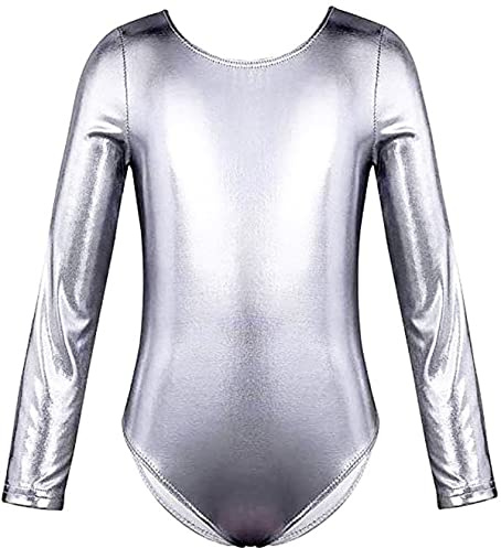 FUREINSTORE Maglia da danza danza balletto palestra body classico lucido elastico per ragazze a maniche lunghe girocollo per ballerina (argento, 10 anni)