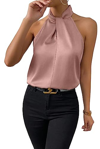 SweatyRocks Women's Elegant Twist Front Halter Sleeveless Satin Blouse Keyhole Back Tank Top Pink Medium