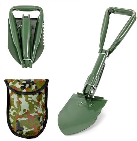 Pala Plegable Palas Emergencia Portátil Pala de Acero al Carbono Multifuncional Militar con Bolsa de Transporte para Acampada al Aire Libre Senderismo Caza (Verde)