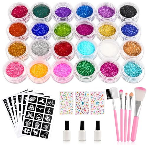 Glitzer Tattoo Set Kinder, Temporäre Glitzertattoos Kinder Set, 24 Farben Glitter Tattoo, 123 Schablonen, 3 Blätter Glitzersteine Gesicht, 5 Pinsel, 3 Kleber, Glitzer Make Up Kit für Mädchen Jungen