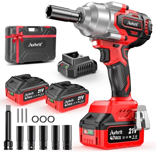 Avhrit Akku Schlagschrauber 850 N.m mit 2x 4000mAh Lithium Batterie, Professional 1/2 Bürstenloser Akku-Schlagschrauber für Autoreifenwechsel, Schnellladegerät, 5 Stecknüsse