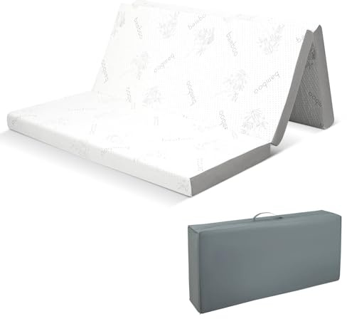 RELAX4LIFE 10cm Folding Mattress, Gel Memory Foam Tri-fold Mattress with Bamboo Charcoal Fibre Cover & Mesh Border Fabric, Medium Firm Floor Mattress Topper for Travel (King, 200 x 150 x 10cm)