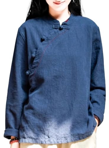 xinrishe Tops Chinos De Estilo Étnico Retro Para Mujer Blusa Tradicional Hanfu De Talla Grande Camisa Holgada Informal De Lino Y Algodón 2024 (Color : Dark blue, Size : 4XL)
