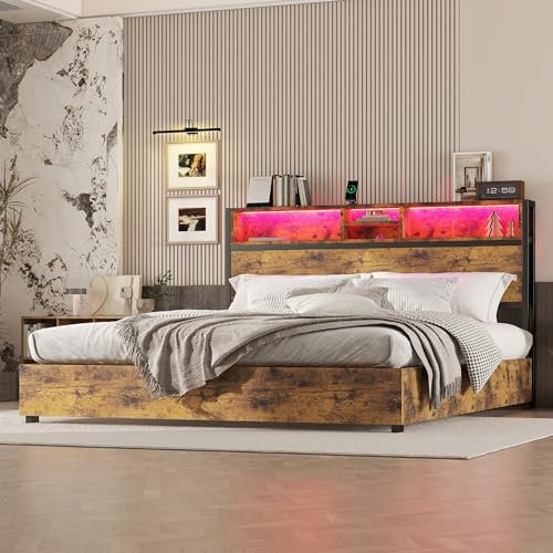 Dolamaní Boxspringbett 180x200 cm mit Stauraum Bettkasten Braun, Doppelbett Modern Massivholzbett mit Metall Bettgestell, Polsterbett mit Lattenrost & Regal Kopfteil