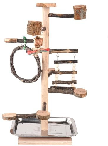 HOSUKKO Bird Playground Parrots Play Stand Wood Perches Stand, Bird Gym Playpen Platform Ladder with Feeder Cups for Cockatiels Budgies Lovebirds, Brown