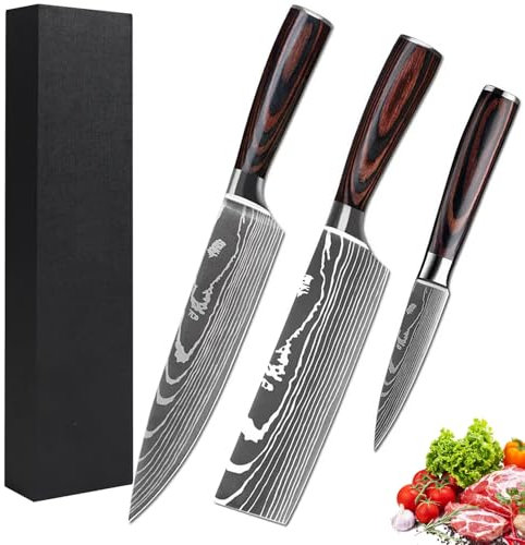Camkum Küchenmesser Set 3pcs, Kochmesser Set Messerset Scharfe Messer aus EN1.4116-Stahl mit Kochmesser, Nakiri Messer, Obstmesser, Geschenkverpackung