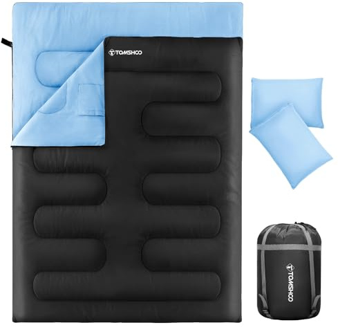 TOMSHOO Saco de Dormir Doble, 230 x 160 cm Saco de Dormir Campismo 2 Personas Extragrande con 2 Almohadas, 3-4 Estaciones Adult Doble para Acampar Senderismo Viajes Exterior Hogar