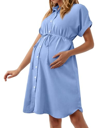 Vuncio Robe Chemise Femme avec Ceinture Boutonnée Devant Maternité Mini Robe Grossesse Ete Manche Courte Grande Taille Ample Enceinte Chic Pas Cher Shooting Photo (Bleu, XL)