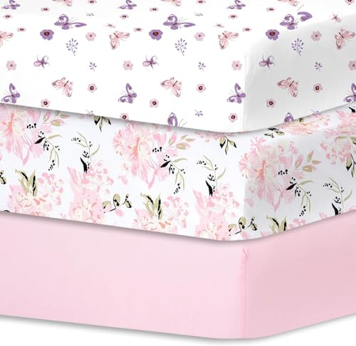 Little Grape Land Draps de lit pour enfants pour garçons et filles, lot de 3 draps-housses pour matelas de 60 x 120 cm, en microfibre super douce et respirante, motif papillon/fleurs/rose