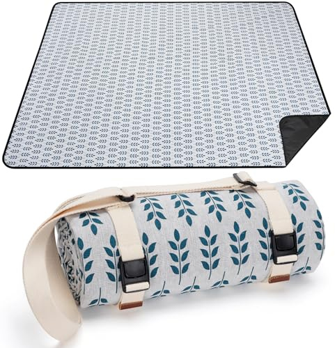 ZORMY Picnic Blanket Washable Outdoor Blankets Picnic Baskets Accessories with Waterproof Backing and Shoulder Strap - BlueLeaf