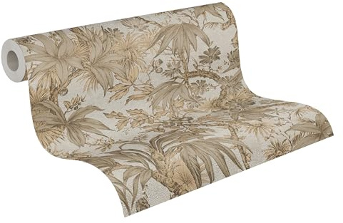 A.S. Création History of Art 2 fleecetapet floral 10,05 m x 0,53 m – beige, grå, metallisk – tapet djungel för vardagsrum sovrum – 790474