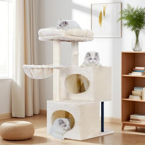 Heybly Árbol Rascador para Gatos, 92 cm con Diseño Escalonado, Plataforma Grande, 2 Cuevas, Postes de Rascar con Cobertura Total de Sisal, Juguete de Peluche con Campana, Beige HCT201SM