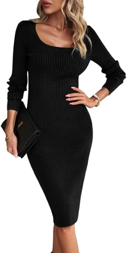 Atxnn Vestito Donna Elegante Abito Invernale in Maglia Casual Abito Aderente Vestiti con Scollo a U e Maniche Lunghe Midi Dress Maglione Autunno