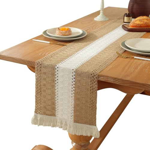 Fjquamitix Table Runner Boho with Tassels Hand Woven Rustic Home Decor Cotton Linen Splicing Cream Table Runners for Dining Table,Bedroom, Cabinet, Wedding, Banquet
