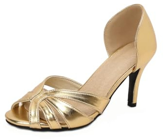 CHRNDXEE Women's Metallic PU Peep-Toe Stiletto High Heels Sandals D'Orsay Cross Strap Slide Pumps Size 8.5 Gold