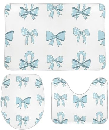 3 Piezas Juego De Alfombra De Baño Lazos Azules con Lunares Juego De Alfombrillas De Baño Antideslizantes Cómoda Alfombras De Cama, para Bathroom, Dormitorio, Cocina