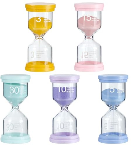 Gishbjka 5 Clessidra per Aule e Bambini, Set di Clessidre Colorate, Timer Visivo da 3/5/10/15/30 Minuti per Lavarsi I Denti.