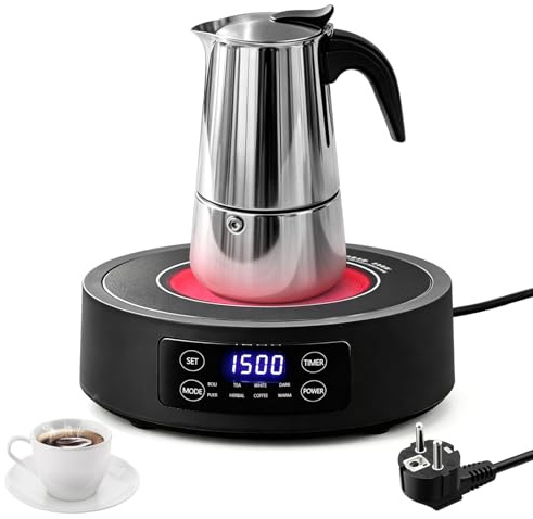 Set macchina per espresso e piastra ceramica elettrica, caraffa da caffè in acciaio inossidabile da 450 ml (9 tazze) con piastra ceramica elettrica da 1500W. Ideale per ufficio, campeggio, camper