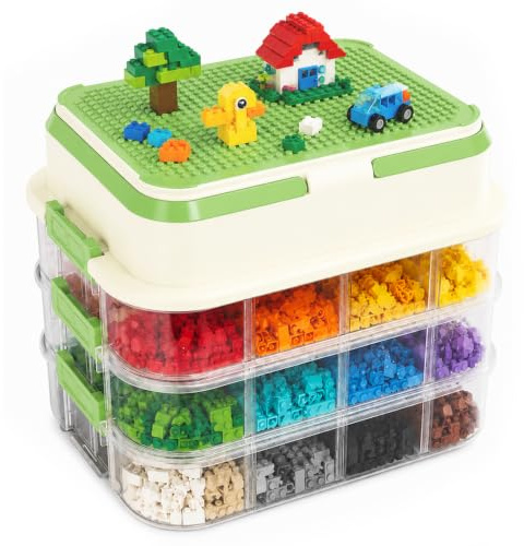 Generisch Sortierbox für LEGO Bausteine & Spielzeug - 4-Stöckige Stapelbarer Aufbewahrungsbox mit Bau-Lid - Mobiler Spielzeugkoffer Versenkter Tragegriff, Herausnehmbaren Fächern (Grün, 4-lagig)