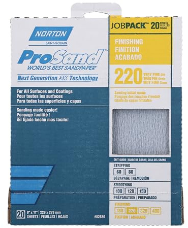 Norton ProSand 07660768167 Sanding Sheet, 11 in L, 9 in W, Very Fine, 220 Grit, Aluminum Oxide Abrasive, Paper Backing