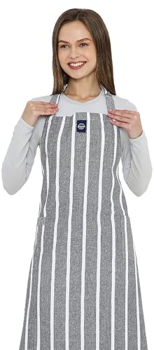 Encasa XO Delantal de cocina ajustable con bolsillos y toallero - 27x33 - Algodón ecológico, Hogar y el Restaurante, Hombres, Mujeres, Cocina, Hornead - Roma gris rayas