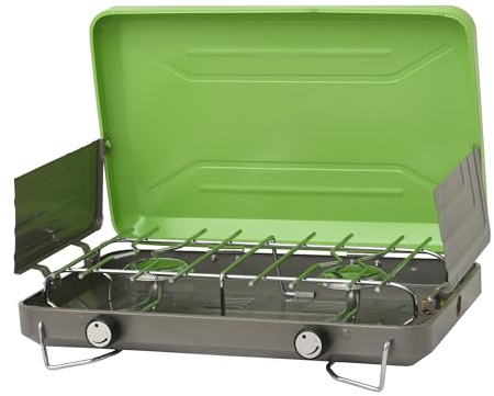 Flame King VT-101 2-Burner Portable Camping Stove Grill, Great for Outdoor Cooking, Backpacking, Compatible with 1LB Propane Gas Bottle