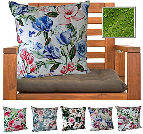 heimtexland ® Outdoorkissen Dekokissen Schmutz- und Wasserabweisend Landhaus Garten Outdoor Kissen Blumen Blau Grün Typ675