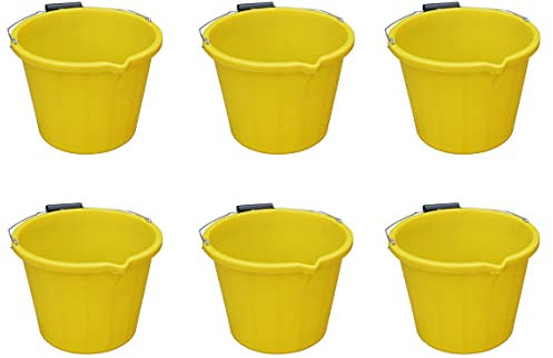 M1SS [𝗦𝗲𝘁 𝗼𝗳 𝟲]- Blue 3 Gallon 14 Litre Builders Bucket Strong Large Water Mixing Tub with Handle, Measuring Guide and Pouring Lip Gardening, Household -Made In U.K (Yellow)