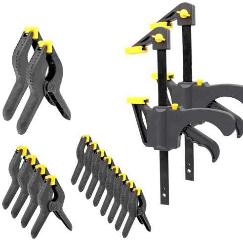 FISHTEC - Kit Complet de Serrage pour Travaux Bois - 16 Pièces : 14 Pinces de Serrage à Ressorts (3 Tailles) + 2 Serres-Joints à Ouverture Rapide - Idéal Bricolage, Ateliers, Serrage, Collage, etc.