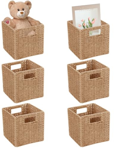 Ukontagood 6 Pack 8.7 Inch Wicker Baskets, Hand Woven Paper Rope Storage Baskets, Foldable Cube Storage Bins Organizer Square Wicker Cubes for Shelves Pantry Organizing & Decor