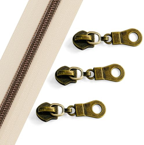Sawoake Nylon Coil Zipper 10 Yards Bulk, #5 Beige with Antique Brass Teeth, Includes 10PCS Sliders for DIY Sewing, Crafts, Bags, Apparel Repair (#5 AntiqueBrass Beige)