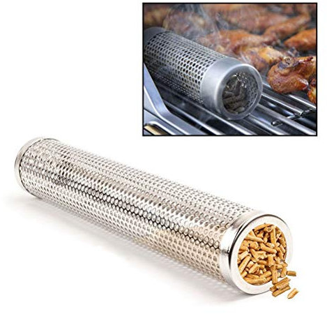 Perforierter Holzpelletrohr Räucherofen aus Edelstahl, Rauchrohrbox für Pelletsgrill, Kalt Heiß Grill Räuchergenerator für Elektro, Gas, Holzkohlegrill oder Räucherofen (Silber)