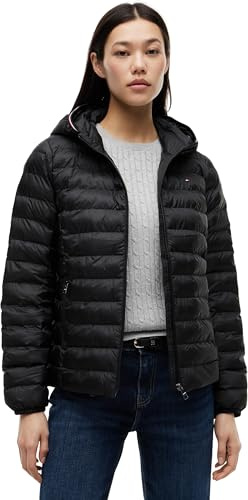 Tommy Hilfiger Cazadora de plumas Mujer Padded Global Stripe Jacket con capucha, Negro (Black), L