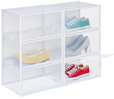 Relaxdays Schuhboxen 6er Set, Schuhorganizer, sicher stapeln mit Verbindungsstücken, für Schuhe bis Gr. 48, transparent