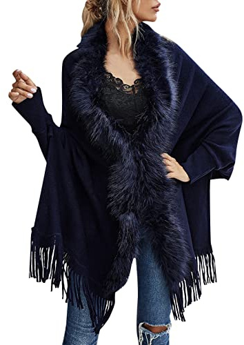 Poncho, da donna, in cotone, caldo, morbido, in cashmere, elegante poncho primaverile, lavorato a maglia, di alta qualità, per donne, cappotto a maglia, regalo per la mamma, Blu scuro, L